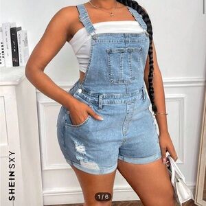 SHEIN SXY Plus Ripped Roll Up Hem Denim Overall Romper Without Tube Top